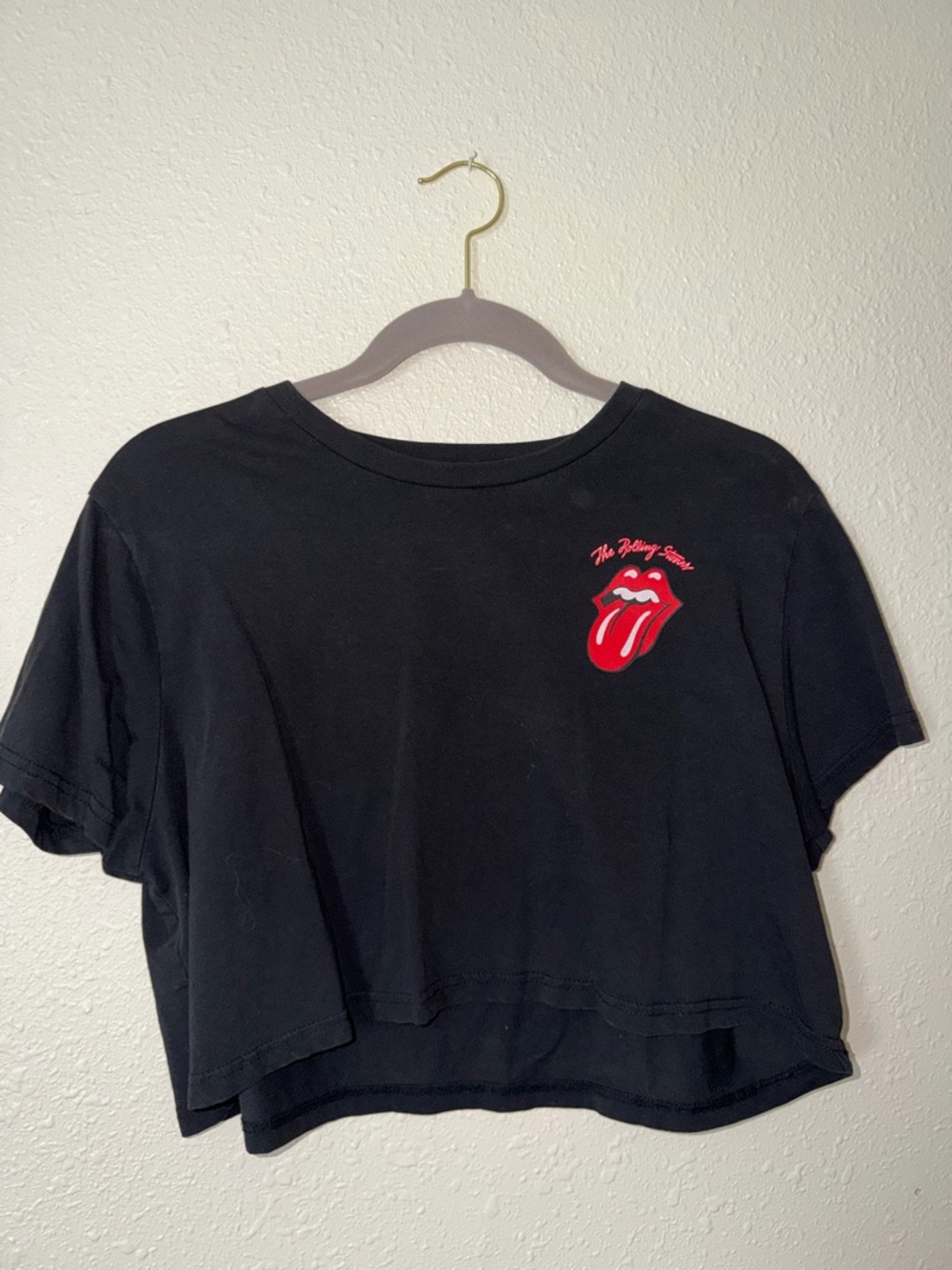 the Rolling Stones Black Cropped Tee with Red Tongue Logo